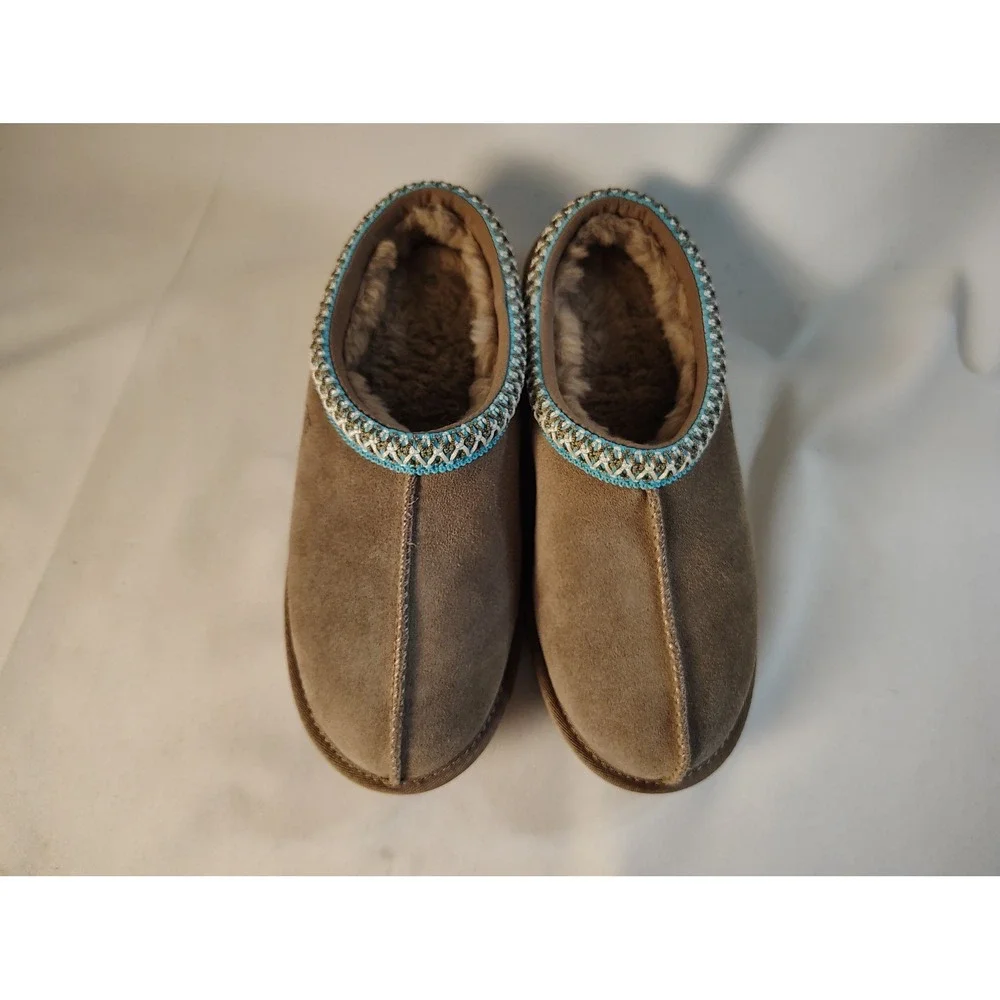 UGG Kids Tasman Chestnut Suede Slip On Slippers Blue Braid Embroidery Shoes 5